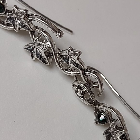 Long Silver Tone Leaf Earrings With Green Stone - Picture 8 of 14